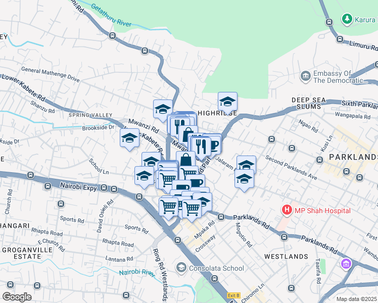 map of restaurants, bars, coffee shops, grocery stores, and more near Mwanzi Road in Nairobi