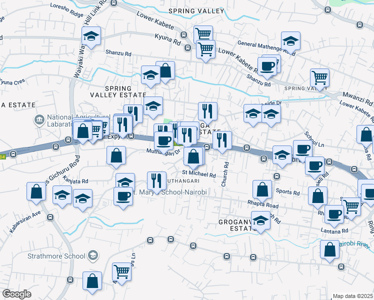 map of restaurants, bars, coffee shops, grocery stores, and more near Muthangari Drive in Nairobi