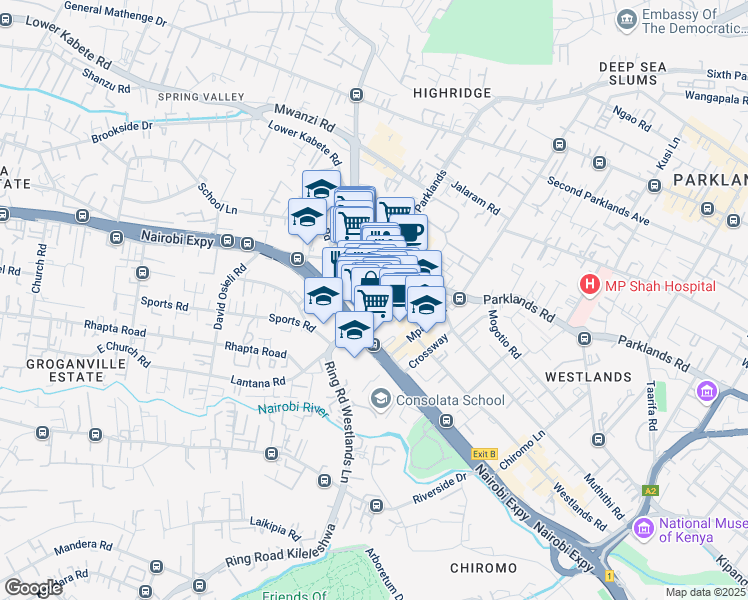 map of restaurants, bars, coffee shops, grocery stores, and more near Ring Road Parklands in Nairobi