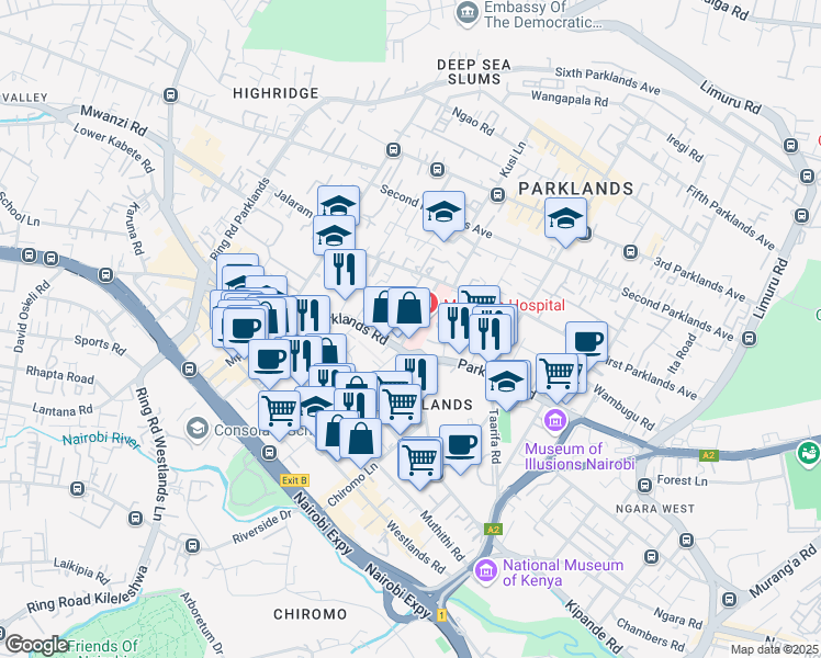 map of restaurants, bars, coffee shops, grocery stores, and more near 5 Shivachi Road in Nairobi
