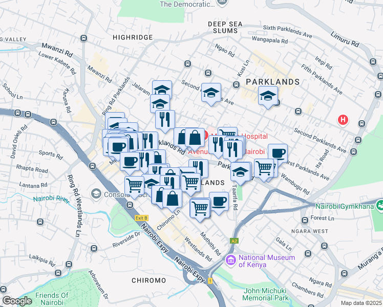 map of restaurants, bars, coffee shops, grocery stores, and more near 5 Shivachi Road in Nairobi