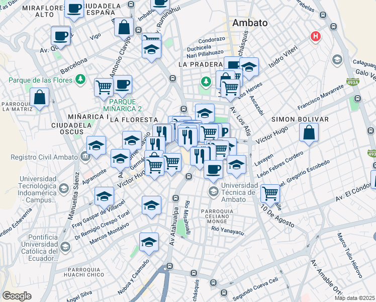 map of restaurants, bars, coffee shops, grocery stores, and more near Avenida Atahualpa in Ambato