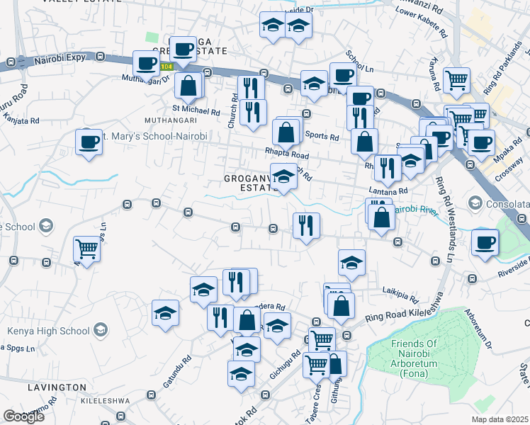 map of restaurants, bars, coffee shops, grocery stores, and more near 104 Riverside Drive in Nairobi