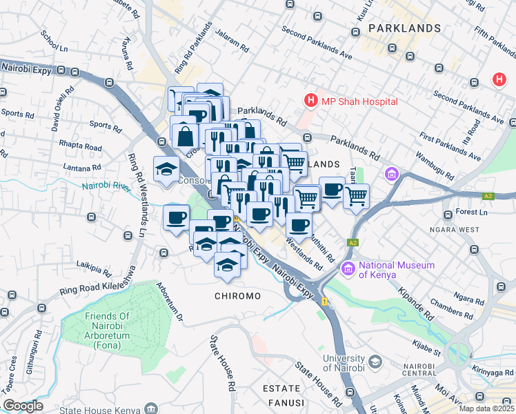 map of restaurants, bars, coffee shops, grocery stores, and more near Westlands Road in Nairobi