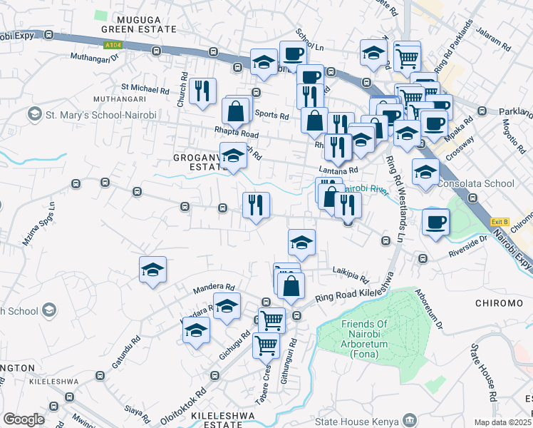 map of restaurants, bars, coffee shops, grocery stores, and more near Riverside Drive in Nairobi