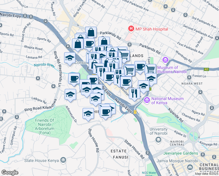 map of restaurants, bars, coffee shops, grocery stores, and more near Waiyaki Way in Nairobi