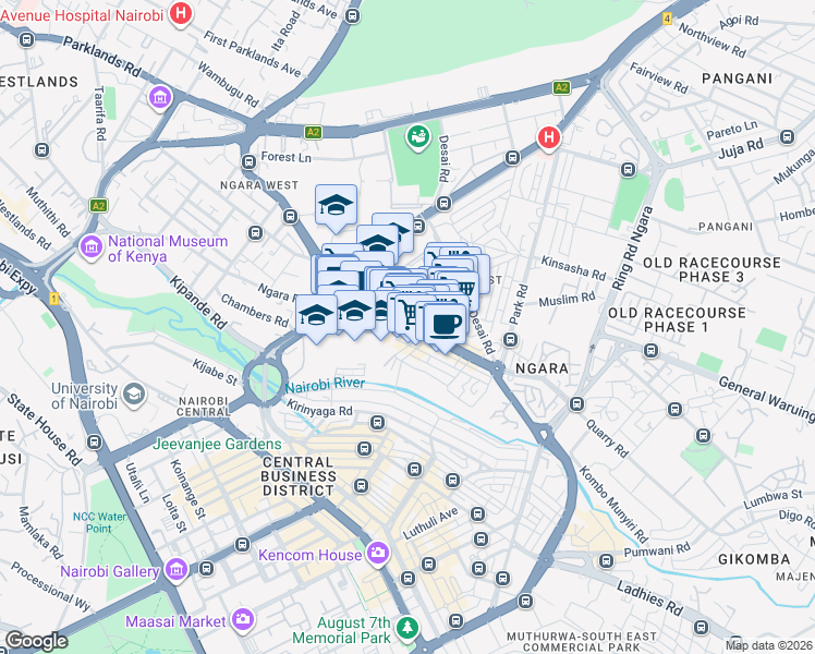 map of restaurants, bars, coffee shops, grocery stores, and more near Ngara Road in Nairobi