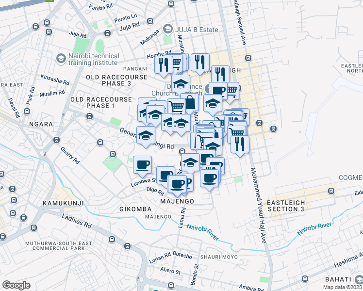 map of restaurants, bars, coffee shops, grocery stores, and more near General Waruingi Street in Nairobi
