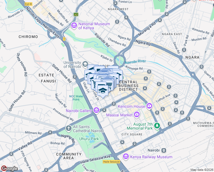 map of restaurants, bars, coffee shops, grocery stores, and more near Njugu Lane in Nairobi