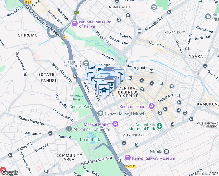 map of restaurants, bars, coffee shops, grocery stores, and more near Biashara Street in Nairobi