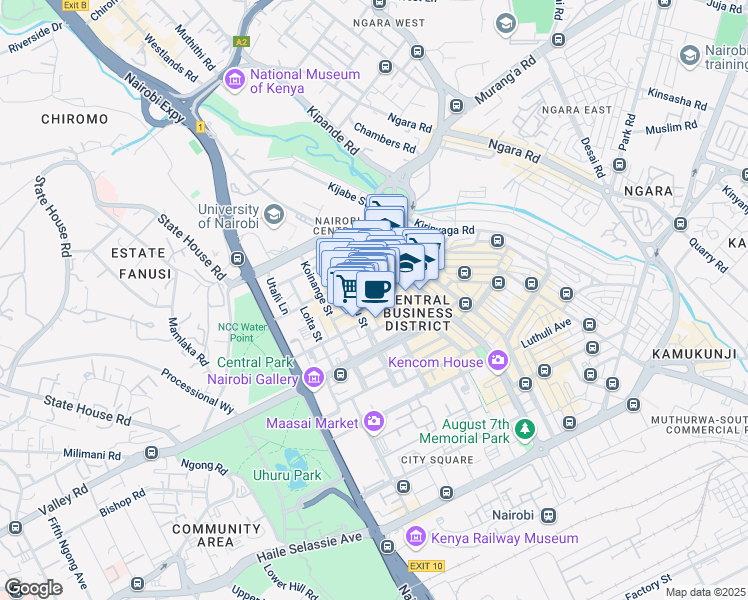 map of restaurants, bars, coffee shops, grocery stores, and more near Tubman Road in Nairobi