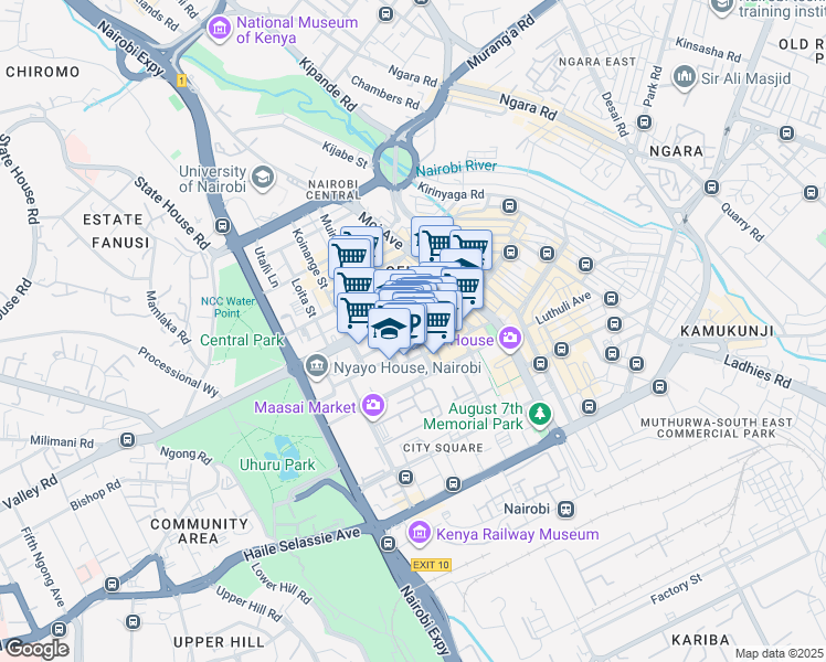 map of restaurants, bars, coffee shops, grocery stores, and more near Wabera Street in Nairobi