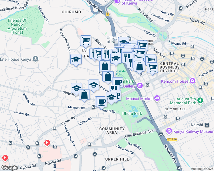 map of restaurants, bars, coffee shops, grocery stores, and more near Mamlaka Road in Nairobi