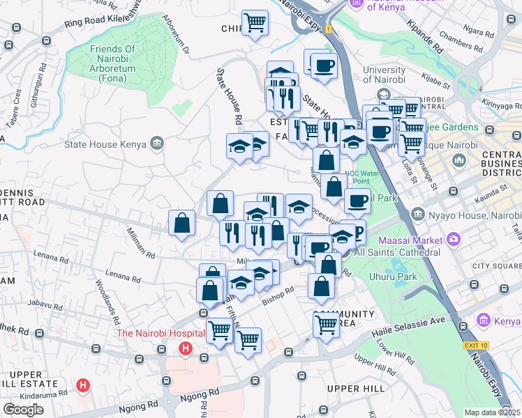 map of restaurants, bars, coffee shops, grocery stores, and more near in Nairobi