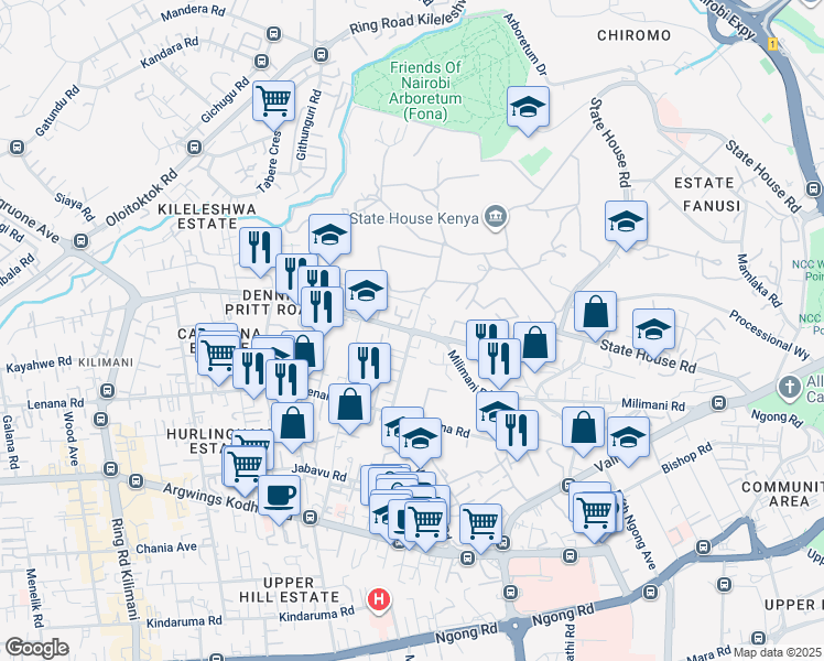map of restaurants, bars, coffee shops, grocery stores, and more near Dennis Pritt Road in Nairobi