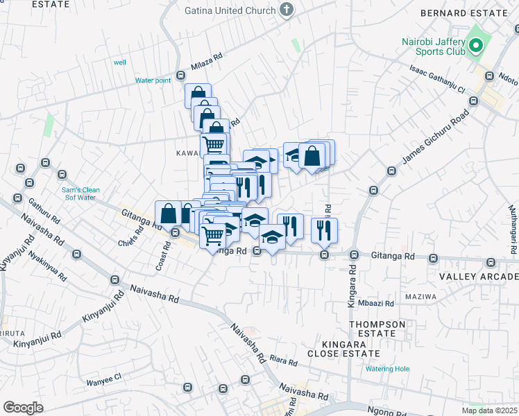 map of restaurants, bars, coffee shops, grocery stores, and more near Amboseli Lane in Nairobi