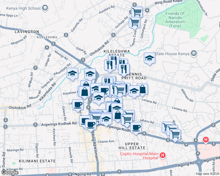map of restaurants, bars, coffee shops, grocery stores, and more near Nyangumi Road in Nairobi