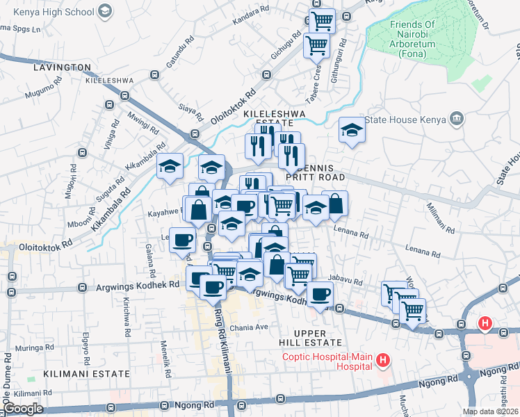 map of restaurants, bars, coffee shops, grocery stores, and more near Nyangumi Road in Nairobi