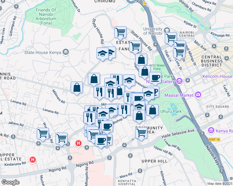 map of restaurants, bars, coffee shops, grocery stores, and more near State House Avenue in Nairobi