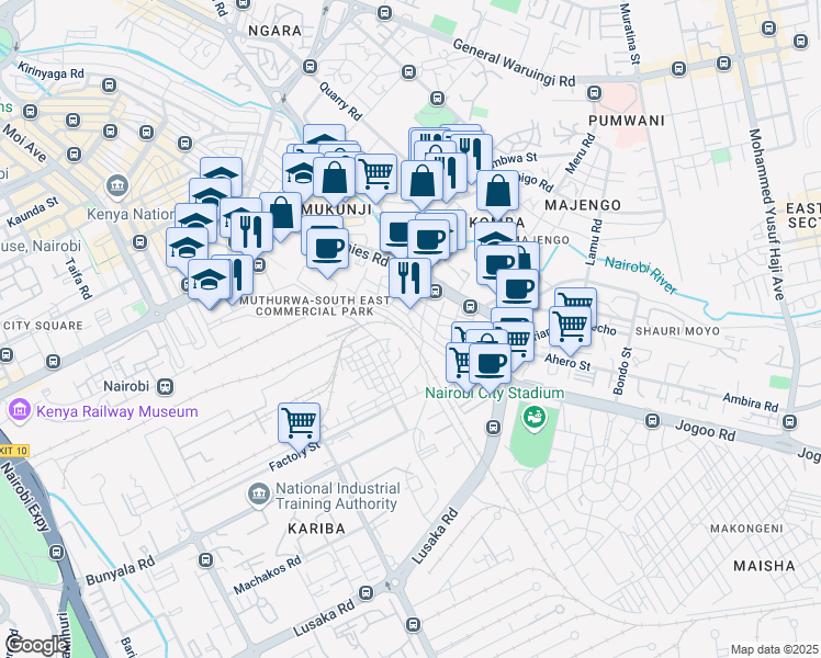 map of restaurants, bars, coffee shops, grocery stores, and more near Factory Street in Nairobi