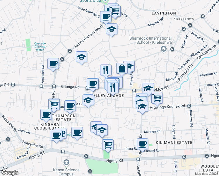 map of restaurants, bars, coffee shops, grocery stores, and more near in Nairobi