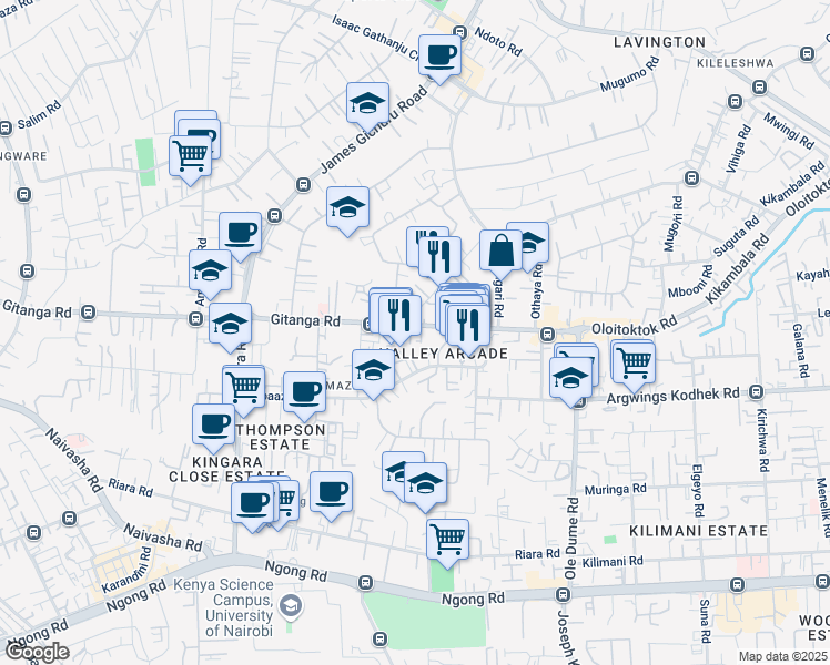 map of restaurants, bars, coffee shops, grocery stores, and more near Gitanga Road in Nairobi