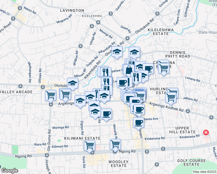 map of restaurants, bars, coffee shops, grocery stores, and more near Galana Road in Nairobi