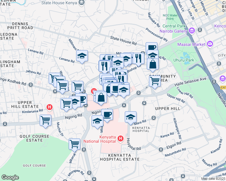 map of restaurants, bars, coffee shops, grocery stores, and more near Ralph Bunche Road in Nairobi