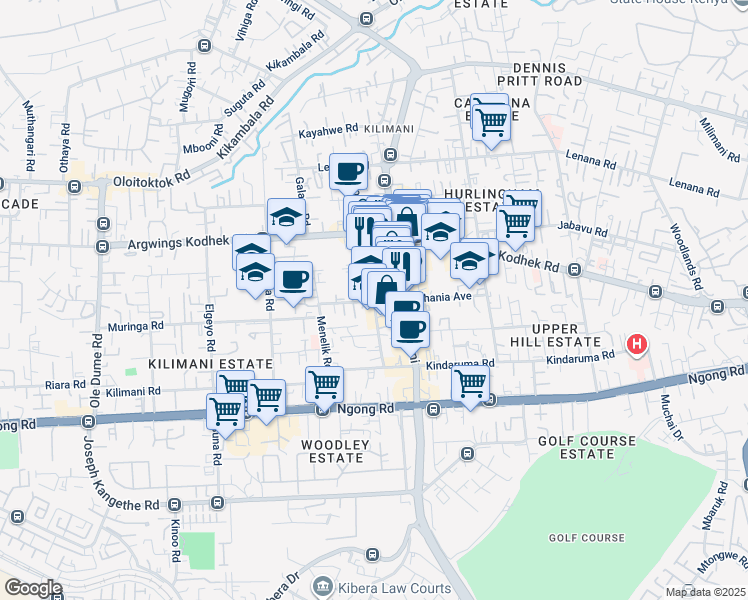 map of restaurants, bars, coffee shops, grocery stores, and more near Wood Avenue in Nairobi