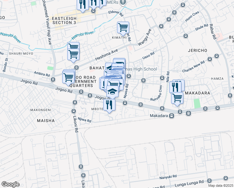 map of restaurants, bars, coffee shops, grocery stores, and more near Jogoo Road in Nairobi