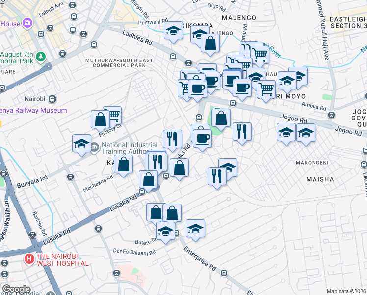 map of restaurants, bars, coffee shops, grocery stores, and more near Lusaka Road in Nairobi