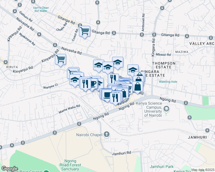 map of restaurants, bars, coffee shops, grocery stores, and more near Wanyee Road in Nairobi