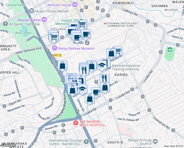 map of restaurants, bars, coffee shops, grocery stores, and more near Workshop Road in Nairobi