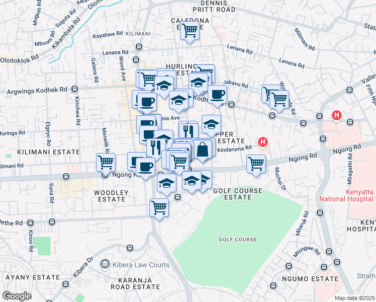 map of restaurants, bars, coffee shops, grocery stores, and more near Kindaruma Road in Nairobi