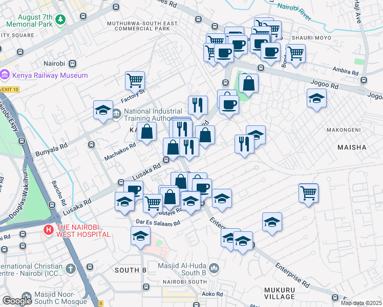 map of restaurants, bars, coffee shops, grocery stores, and more near Athi River Road in Nairobi