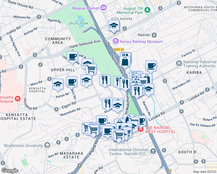 map of restaurants, bars, coffee shops, grocery stores, and more near Upper Hill Road in Nairobi