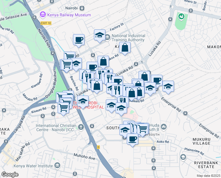 map of restaurants, bars, coffee shops, grocery stores, and more near Dunga Road in Nairobi