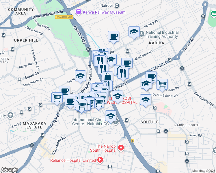map of restaurants, bars, coffee shops, grocery stores, and more near Baricho Road in Nairobi