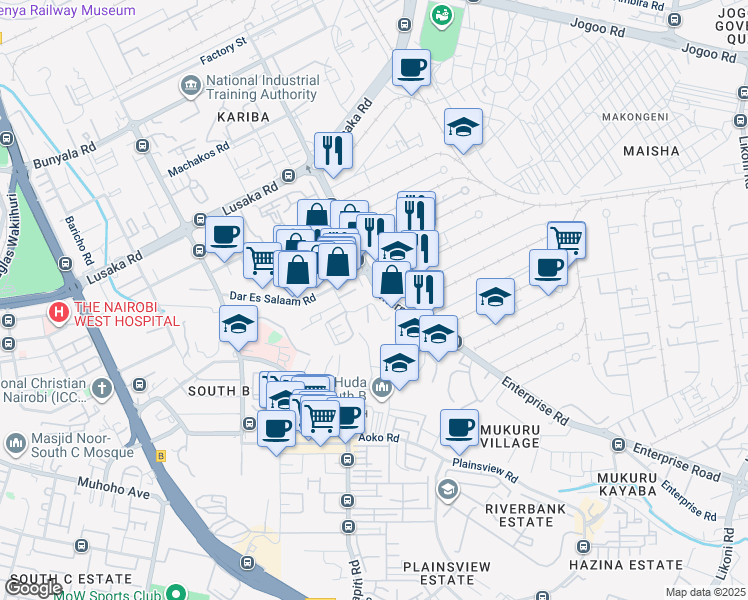 map of restaurants, bars, coffee shops, grocery stores, and more near 1 Funzi Road in Nairobi