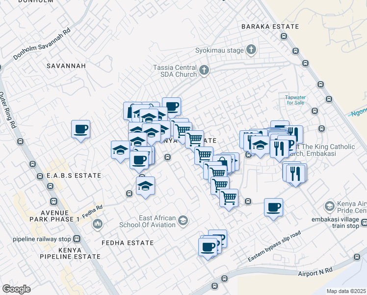 map of restaurants, bars, coffee shops, grocery stores, and more near Road to Utawala Academy in Nairobi