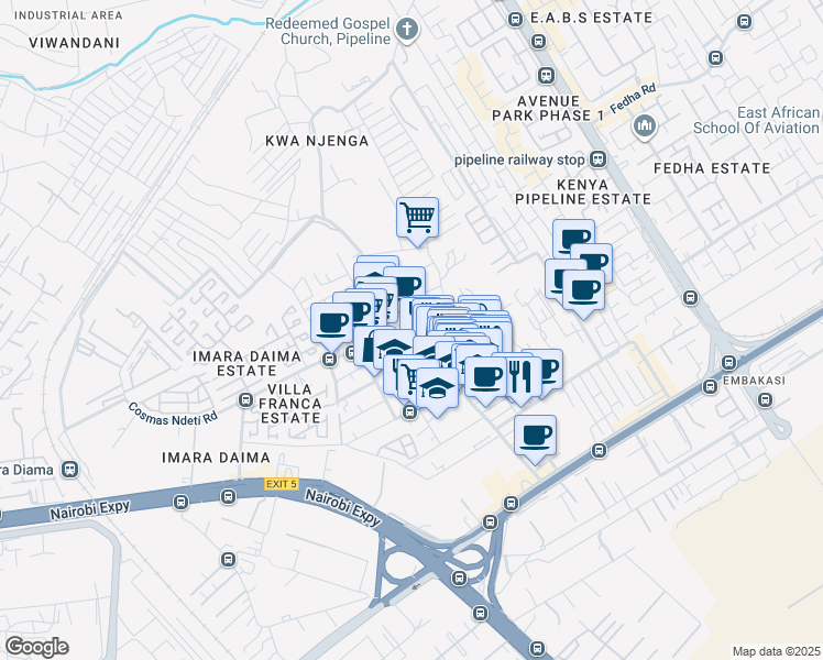 map of restaurants, bars, coffee shops, grocery stores, and more near Catherine Ndereba Road in Nairobi
