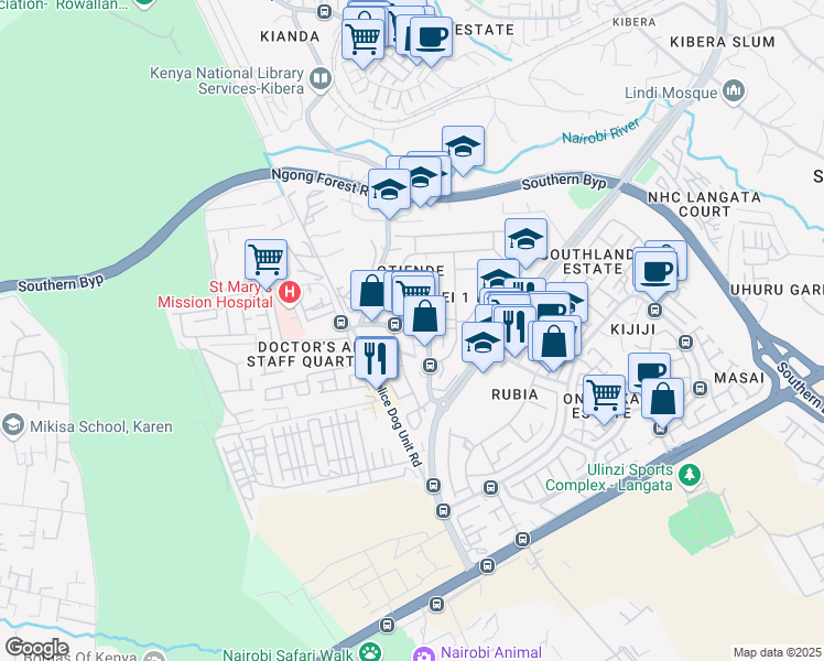 map of restaurants, bars, coffee shops, grocery stores, and more near Sasuma Crescent in Nairobi