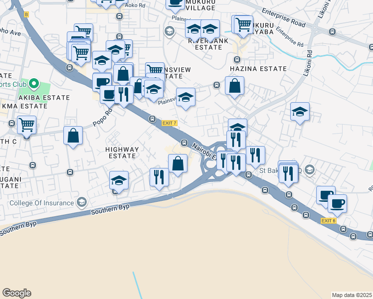 map of restaurants, bars, coffee shops, grocery stores, and more near Mombasa Road in Nairobi