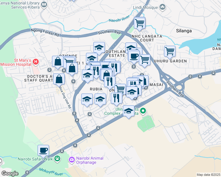 map of restaurants, bars, coffee shops, grocery stores, and more near Kitengela Road in Nairobi