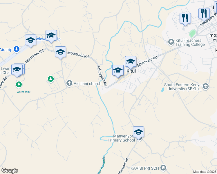 map of restaurants, bars, coffee shops, grocery stores, and more near Mbusyani Road in Kitui