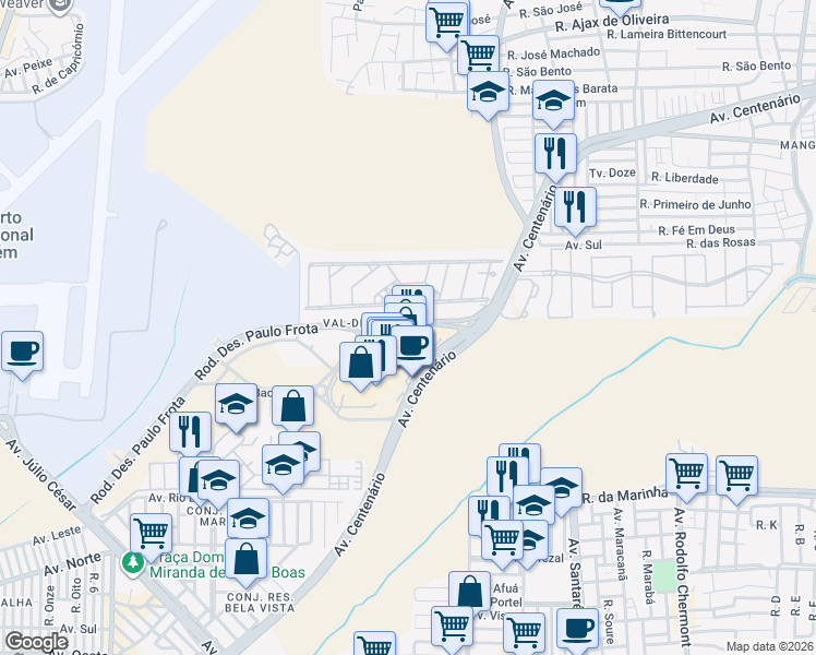 map of restaurants, bars, coffee shops, grocery stores, and more near 1052 Avenida Centenário in Belém