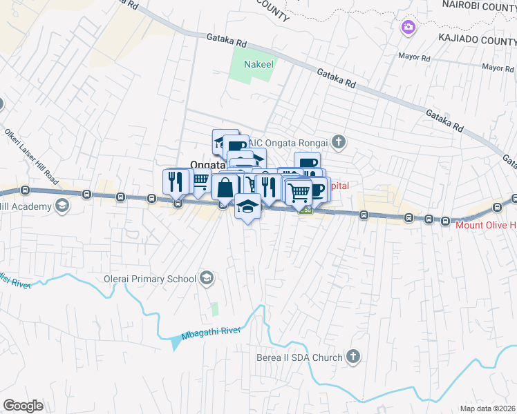 map of restaurants, bars, coffee shops, grocery stores, and more near Magadi Road in Ongata Rongai