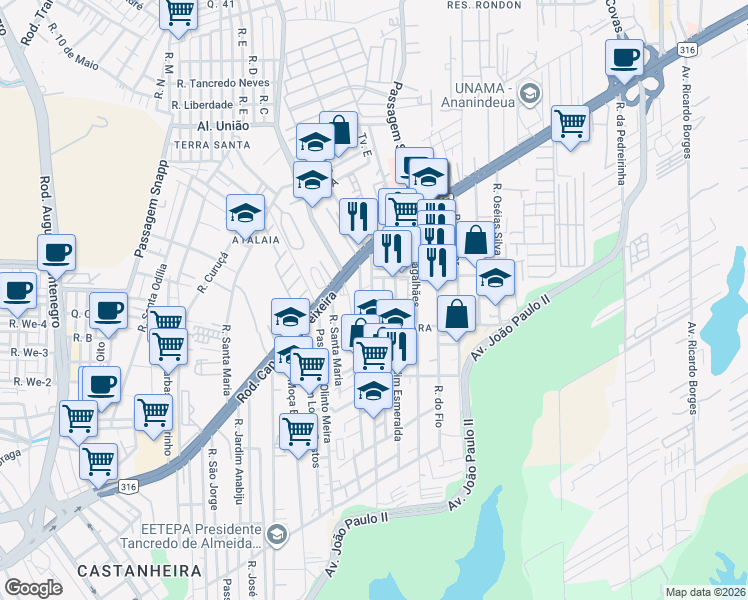 map of restaurants, bars, coffee shops, grocery stores, and more near 197 Rua Liberdade in Ananindeua