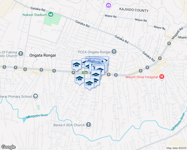 map of restaurants, bars, coffee shops, grocery stores, and more near Umoja Road in Ongata Rongai