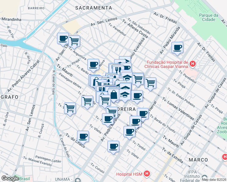 map of restaurants, bars, coffee shops, grocery stores, and more near 1370 Travessa Barão do Triunfo in Belém